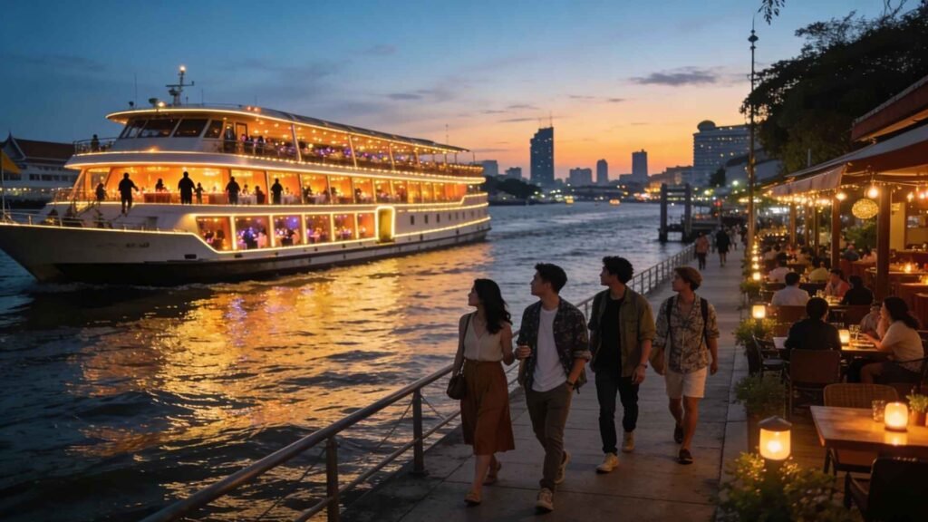 Young travelers walking along the Chao Phraya River as a dinner cruise passes in Bangkok