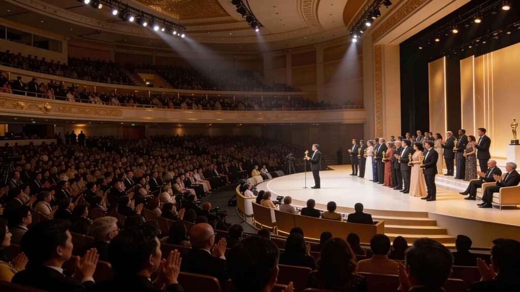 Elegant award ceremony scene at the Bangkok International Film Festival with filmmakers on stage