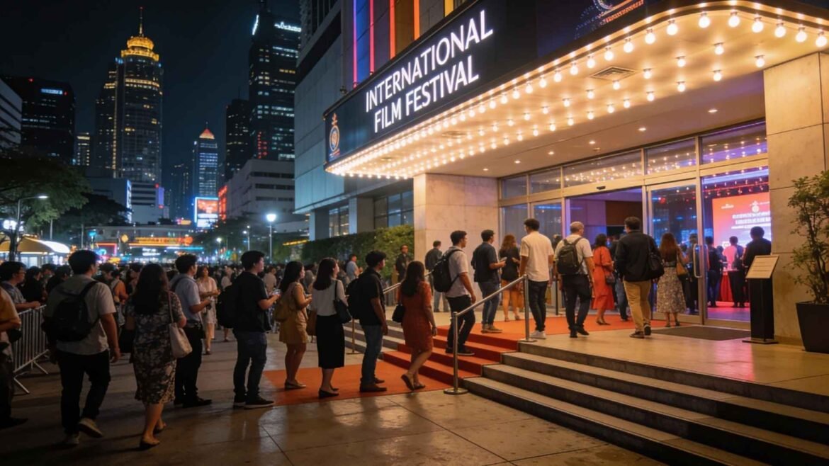 Bangkok International Film Festival - Crowd arriving at the Bangkok International Film Festival entrance during an evening screening
