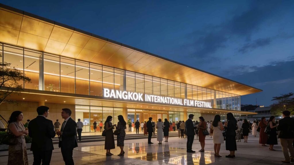 Evening view of the Bangkok International Film Festival venue with attendees gathering outside