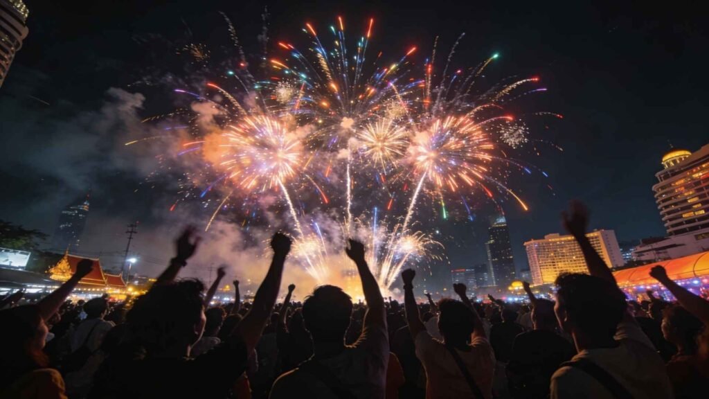 Crowd celebrating Bangkok New Year Countdown with fireworks at night