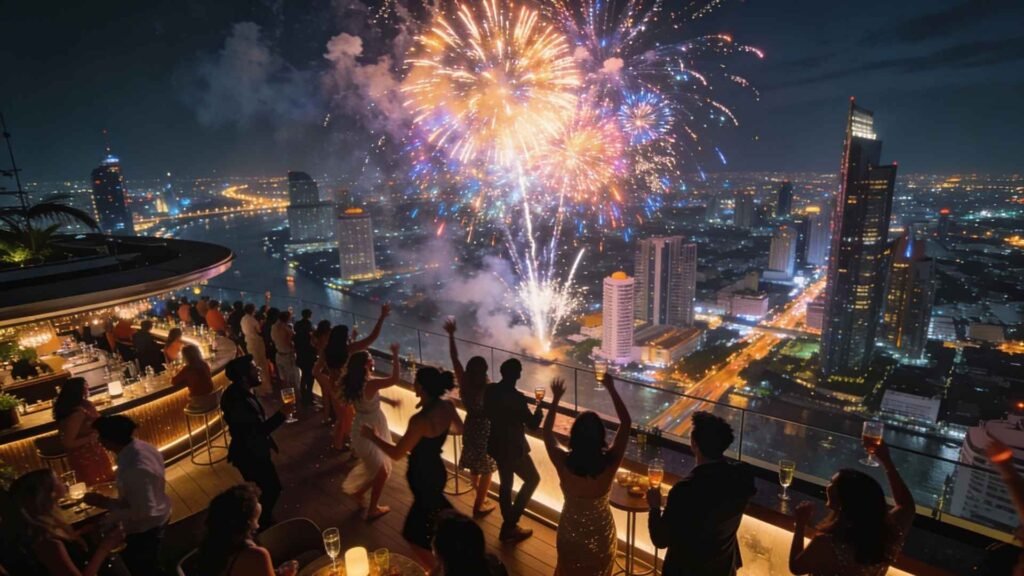 People celebrating New Year’s Eve at a Bangkok rooftop bar with skyline fireworks