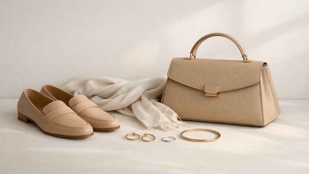 Neutral capsule wardrobe accessories including leather shoes, structured handbag, scarf, and minimal jewelry