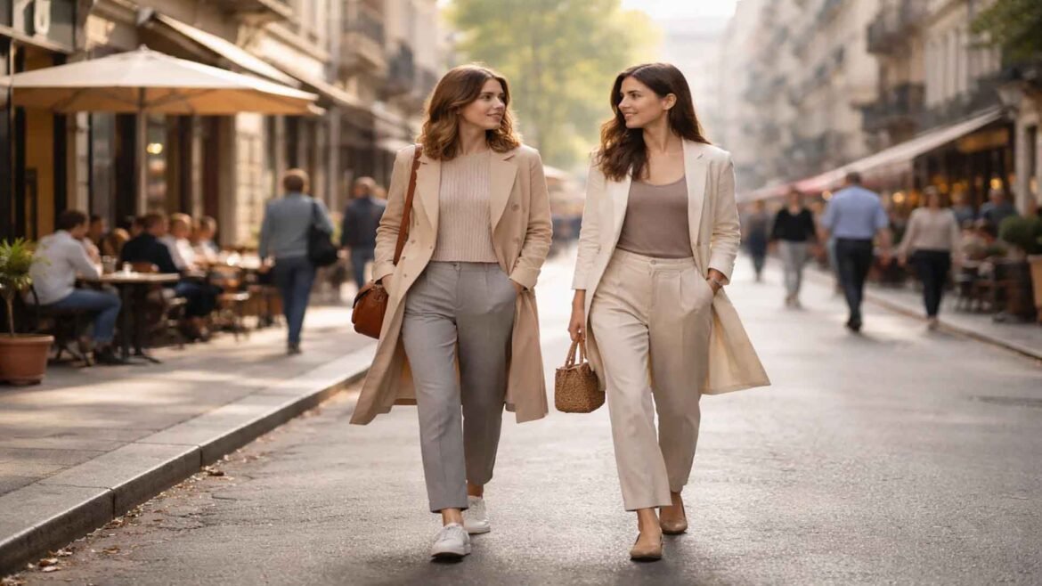 Capsule Wardrobe for City Trips - Two stylish women walking through a lively European city street wearing neutral capsule wardrobe outfits