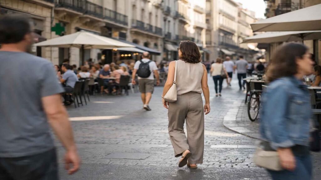 Woman walking through a busy European city street wearing neutral capsule wardrobe outfit