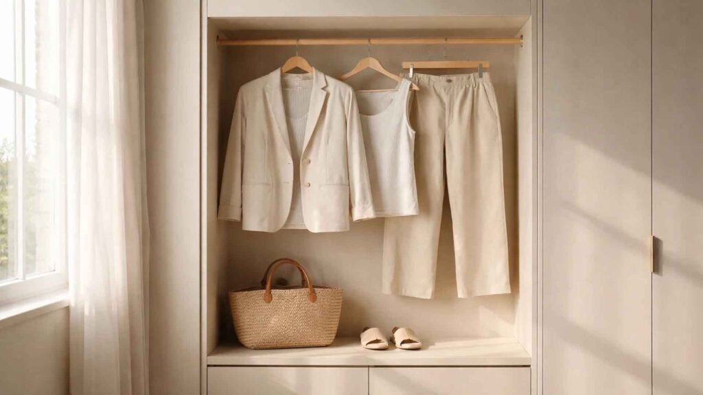 Minimal capsule wardrobe outfit arranged neatly in a modern wardrobe with neutral tones and soft daylight