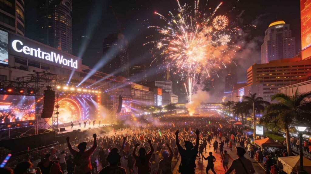 Crowds celebrating New Year’s Eve at CentralWorld Bangkok with fireworks