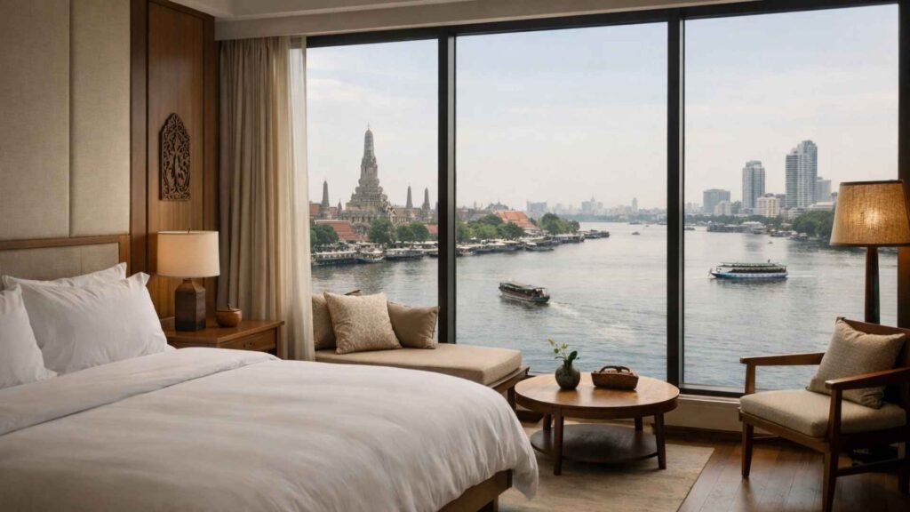 Hotel room with river view overlooking the Chao Phraya River in Bangkok