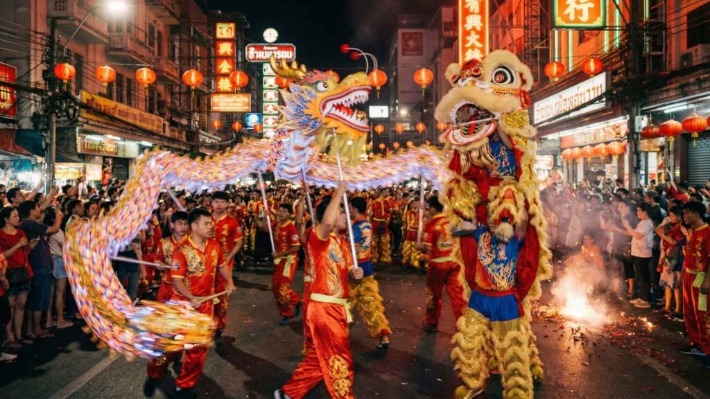 Dragon dance performance with fireworks during Chinese New Year in Bangkok Chinatown