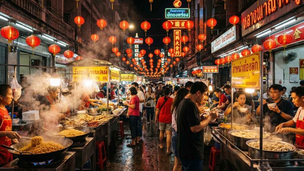 Busy street food market on Yaowarat Road during Chinese New Year celebrations in Bangkok