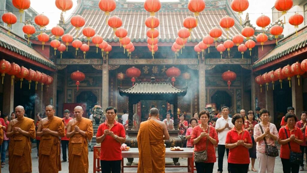 People praying with incense sticks during Chinese New Year at a temple in Bangkok Chinatown