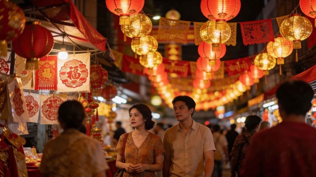 Couple walking under red lanterns in Yaowarat Road during Chinese New Year in Bangkok