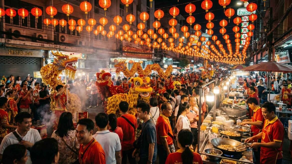 Chinese New Year in Bangkok - Dragon and lion dance performances during Chinese New Year celebrations on Yaowarat Road in Bangkok