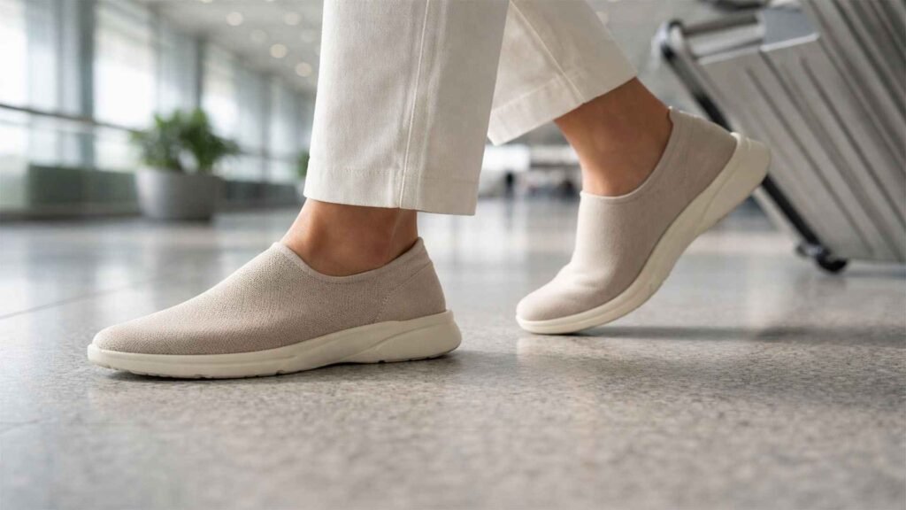 Comfortable slip-on shoes supporting easy walking through an airport terminal during travel