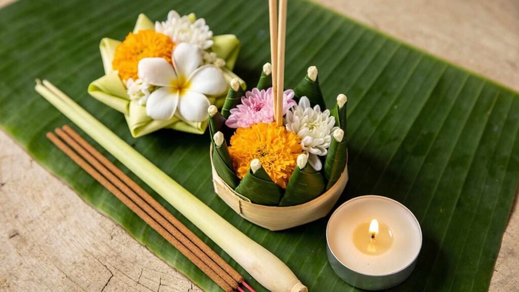 Eco-friendly krathong made from banana leaves, fresh flowers, incense sticks, and a candle, showing traditional Thai craftsmanship