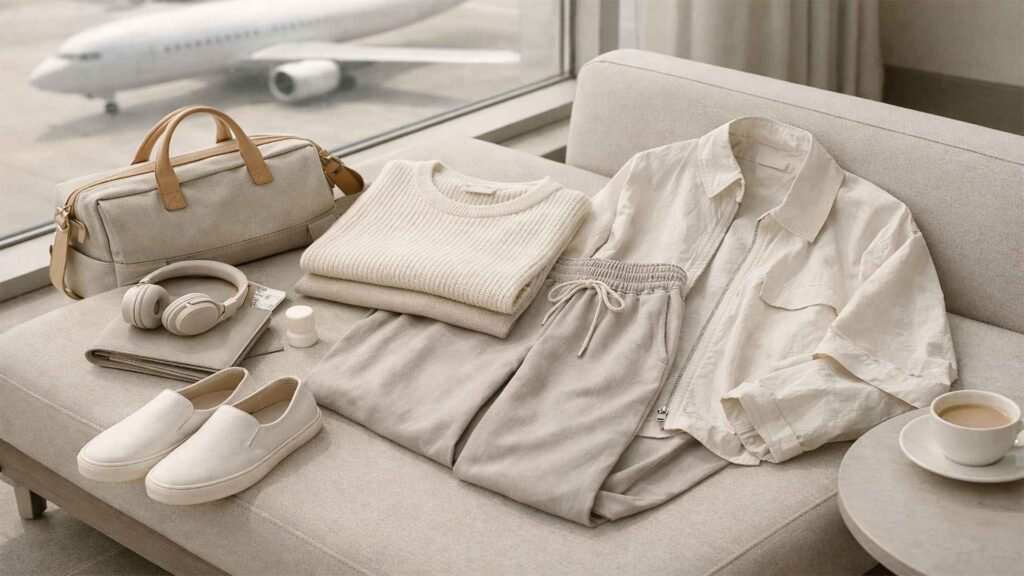 Minimalist airport capsule outfit with neutral clothing, slip-on shoes, and travel bag arranged in a calm flat lay setting