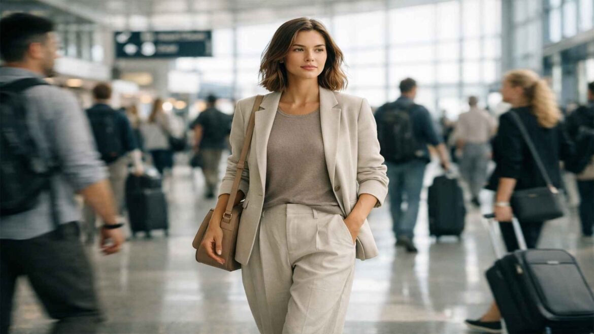 Effortless Airport Style - Woman wearing a neutral capsule wardrobe outfit walking calmly through an airport terminal