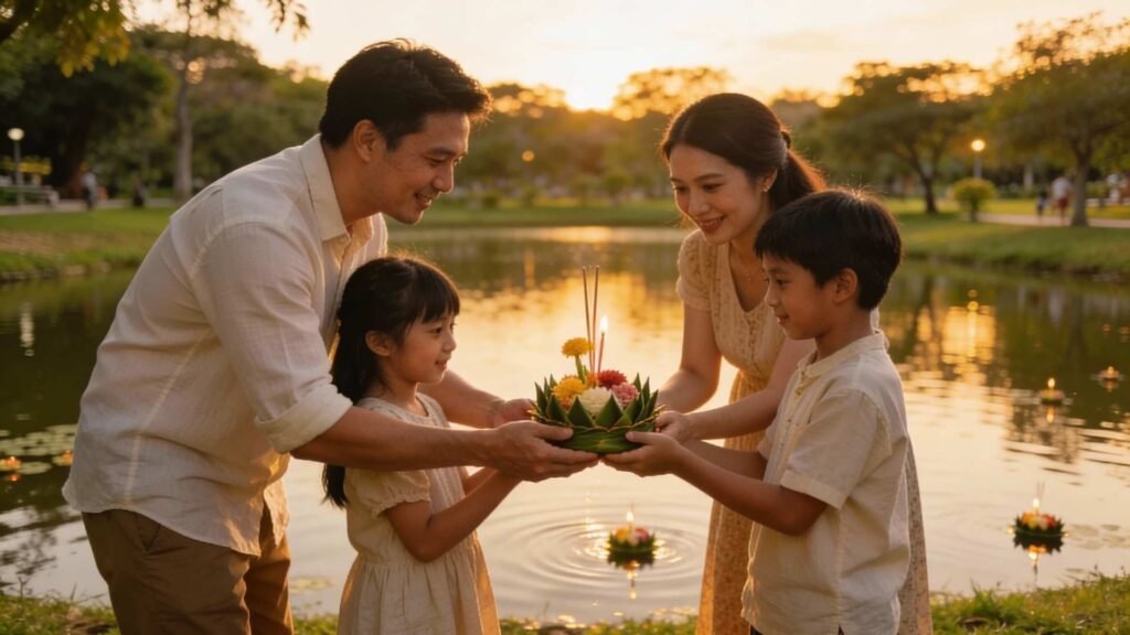 Family with children releasing a traditional krathong together during Loy Krathong Festival in a peaceful Bangkok park at sunset