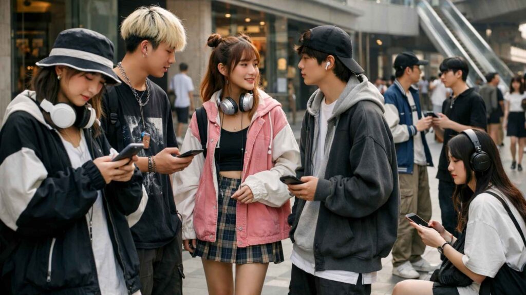 Gen Z young people wearing streetwear, using smartphones and headphones, reflecting pop culture, music, and digital influence in an urban setting