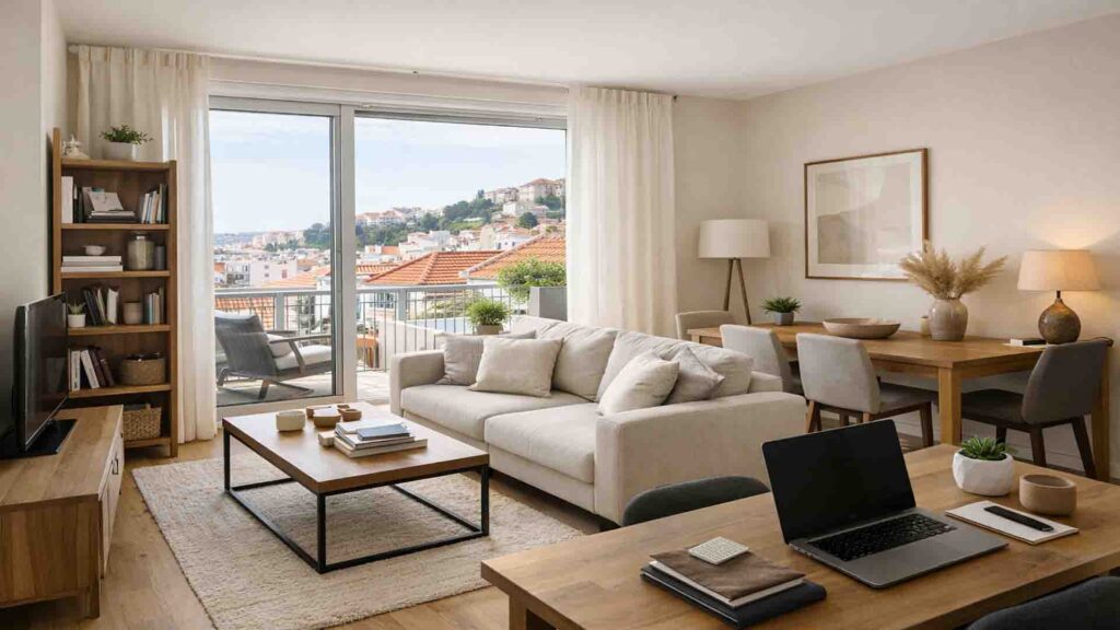 Interior of a modern apartment in Lisbon with natural daylight and contemporary furnishings