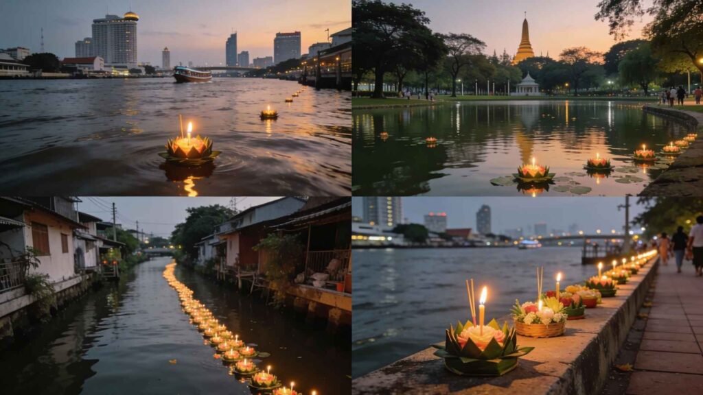 Candlelit krathongs floating on the Chao Phraya River, city parks, neighborhood canals, and riverside walkways during Loy Krathong Festival in Bangkok