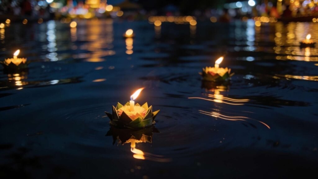 Candlelit krathongs creating soft reflections on dark water during Loy Krathong Festival, captured in low-light night photography