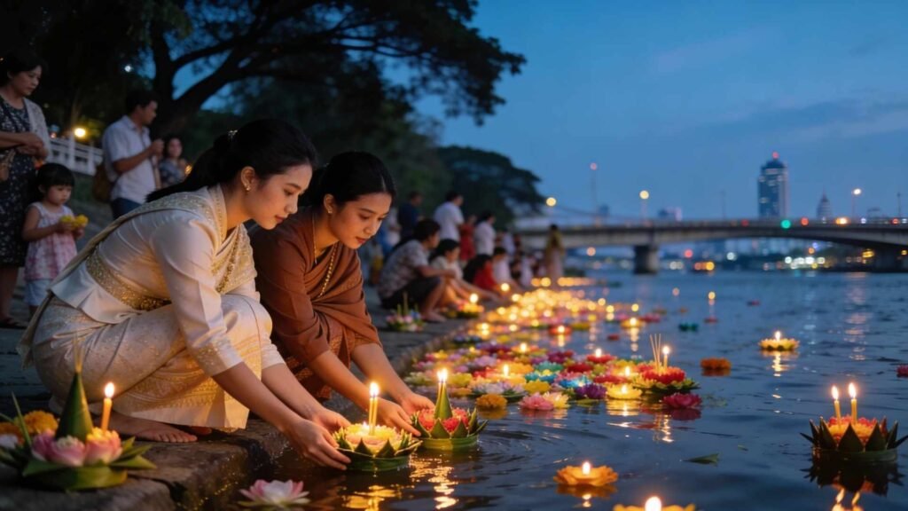 Women gently releasing colorful krathongs into the Chao Phraya River during Loy Krathong Festival in Bangkok as candlelight fills the river at dusk