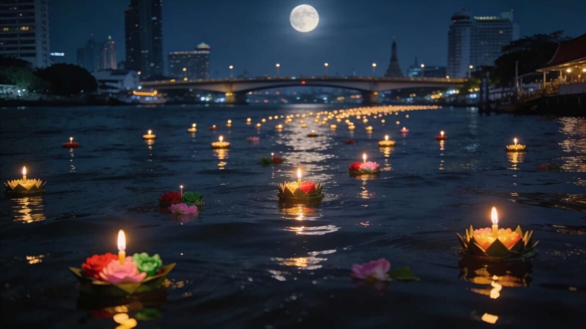 Loy Krathong Festival in Bangkok - Candlelit krathongs floating on the Chao Phraya River in Bangkok during Loy Krathong Festival with a full moon and illuminated bridge in the background