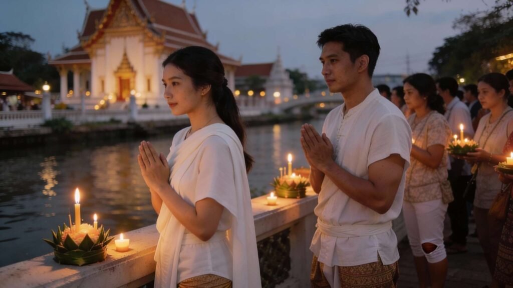 People wearing traditional white clothing praying beside a river during Loy Krathong Festival in Bangkok with candlelit krathongs and temple in the background