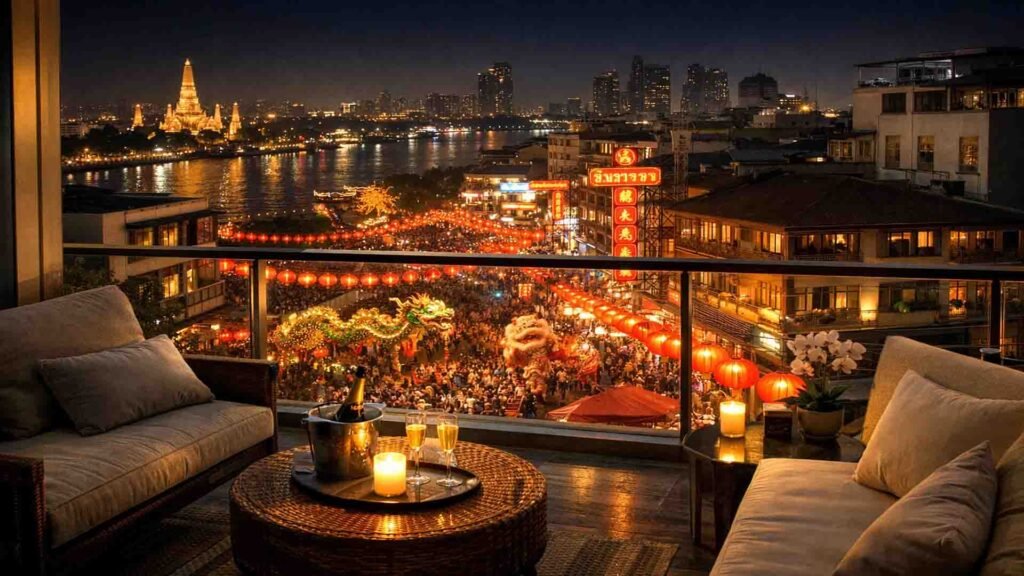 Luxury hotel balcony overlooking Chinese New Year celebrations in Bangkok Chinatown with lantern-lit streets, dragon dances, and Chao Phraya River at night.