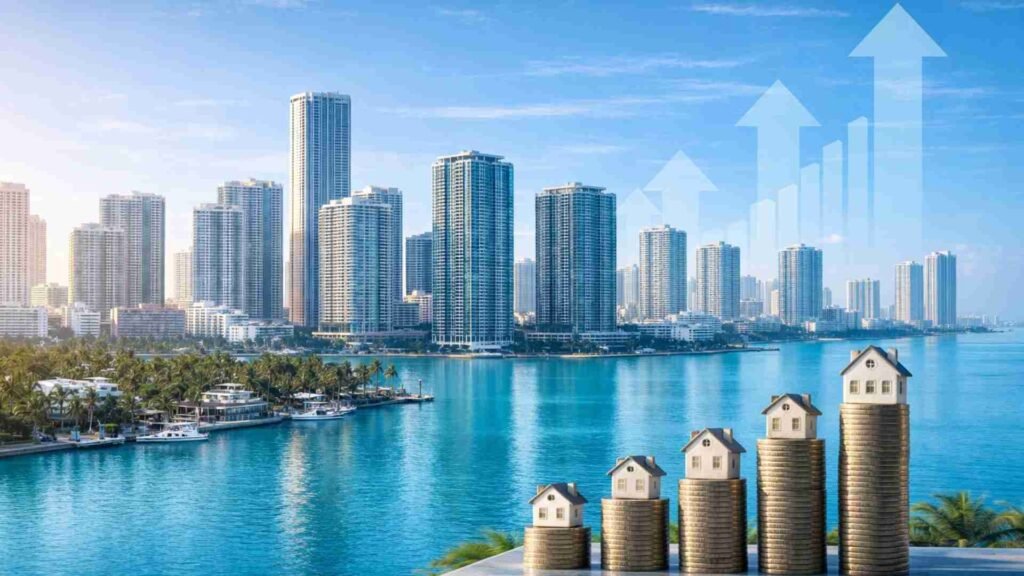 Miami skyline with turquoise waterfront and rising property value concept representing long-term real estate investment growth