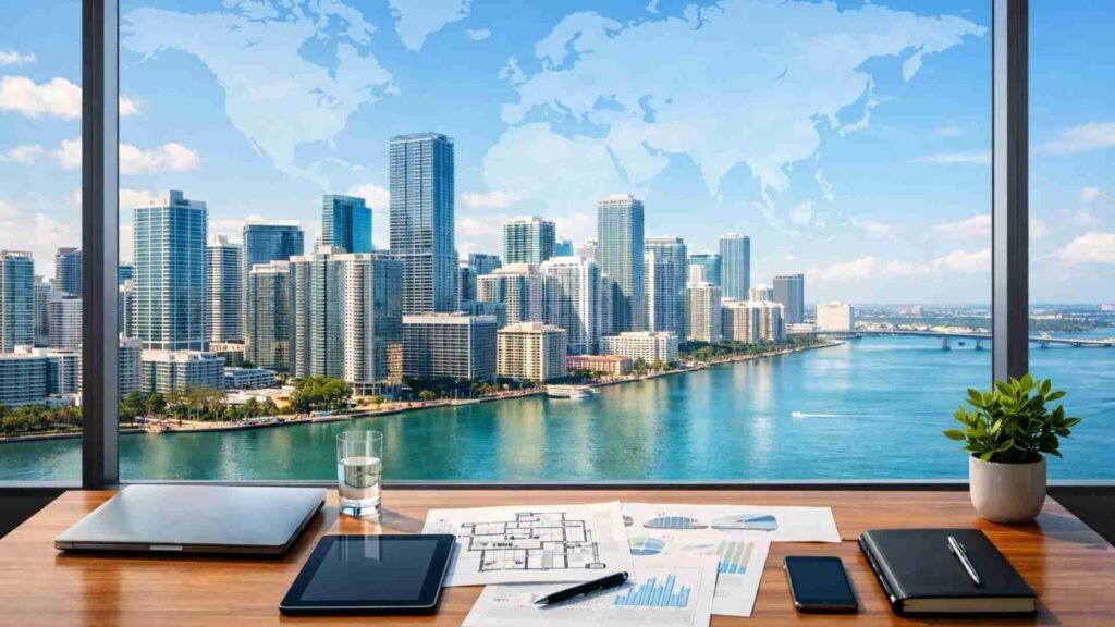 Miami skyline viewed from a modern office desk with investment documents, representing global real estate investment strategy