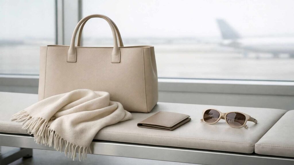 Neutral travel accessories including a tote bag, scarf, wallet, and sunglasses placed on an airport bench