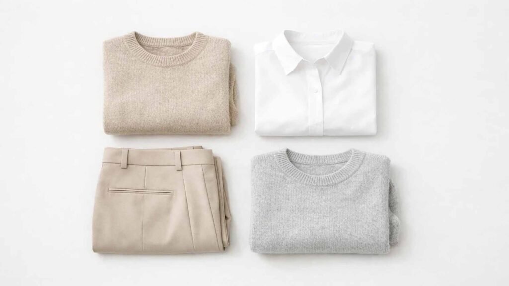 Minimal neutral capsule wardrobe flat lay with folded knitwear and tailored trousers