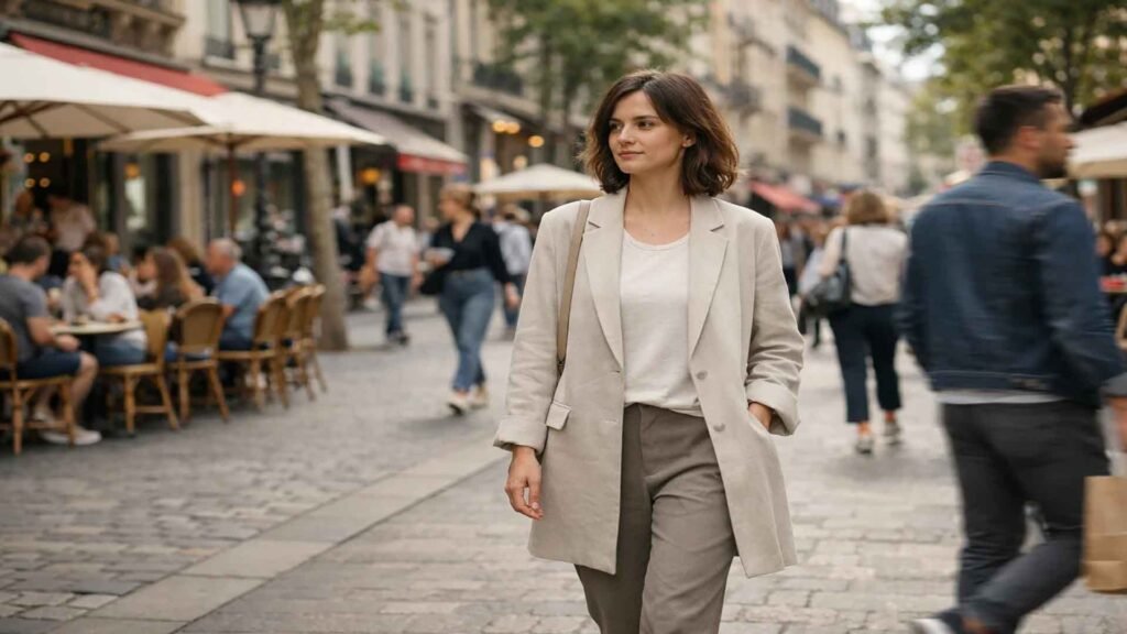 Woman walking through a European city street wearing a lightweight tailored blazer as part of a capsule wardrobe