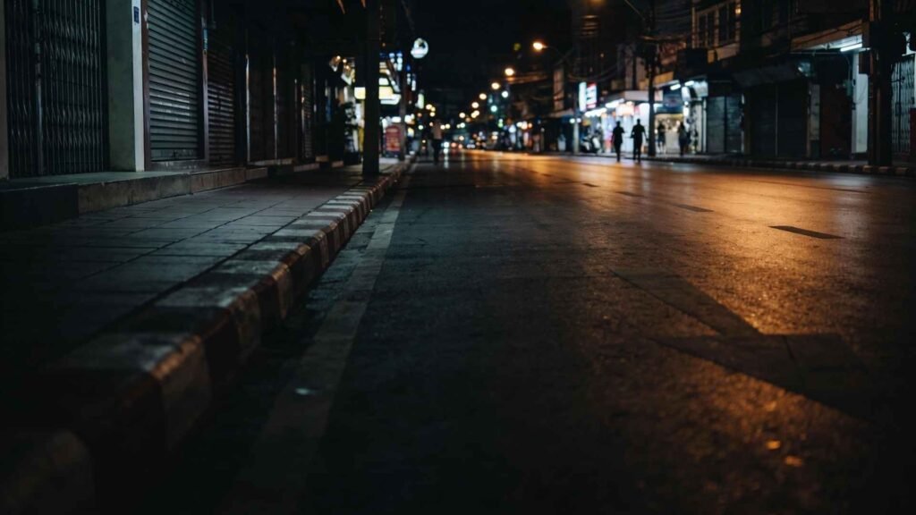 Empty street in Bangkok at night capturing the calm atmosphere after a film festival
