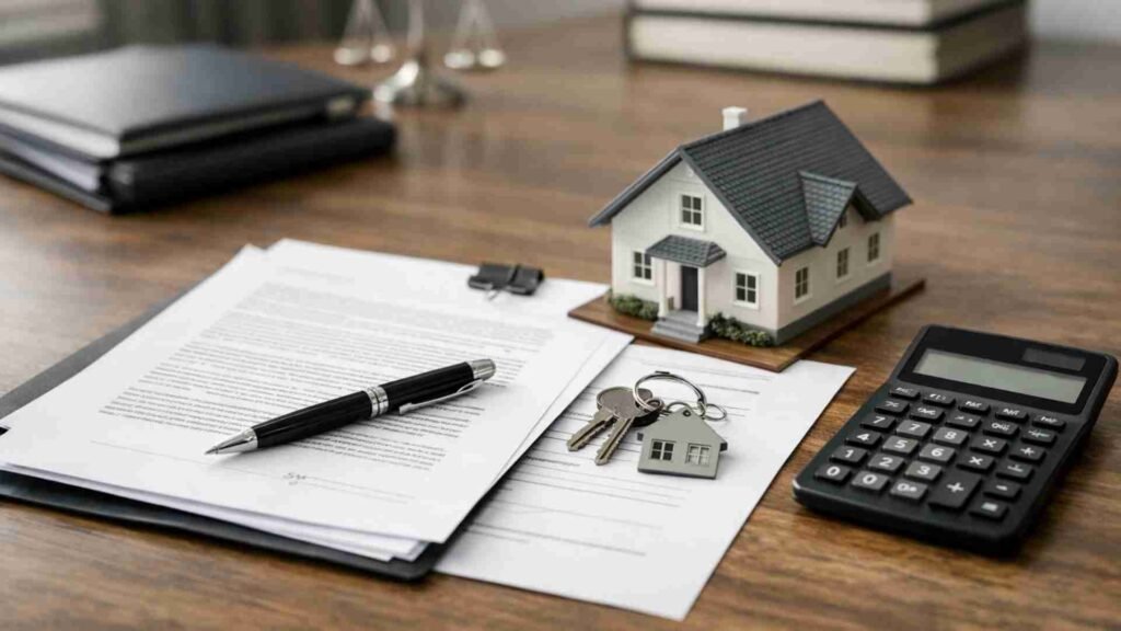 Real estate purchase documents with house model, keys, and calculator, representing legal process and tax planning