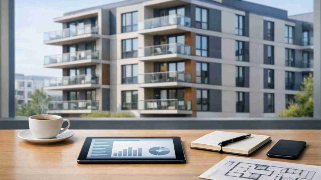 Tablet on desk with property management dashboard and apartment building in background, representing remote property management