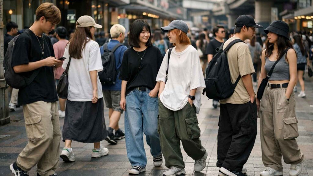 Young people wearing casual street style outfits in Siam District Bangkok, reflecting youth fashion trends and everyday urban culture.
