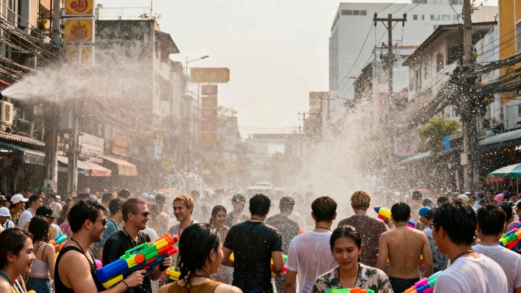 Crowded street scene during Songkran Festival in Bangkok with people celebrating water fights