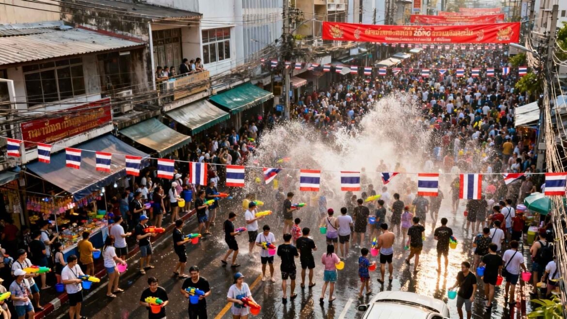 Songkran Festival Bangkok - Crowded street celebration during Songkran Festival in Bangkok with people splashing water and Thai flags overhead