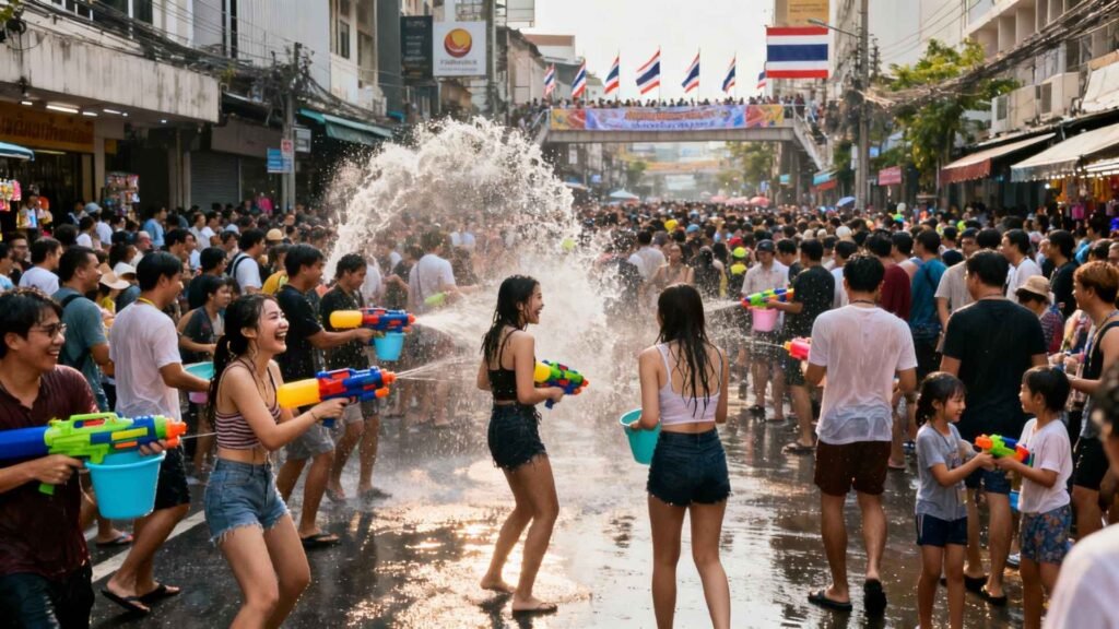 People celebrating Songkran Festival with water fights on Khao San Road in Bangkok