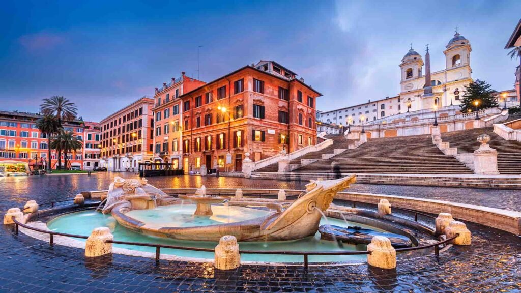 Spanish Steps in Rome, Italy, showcasing the iconic staircase, historic architecture, and lively city atmosphere