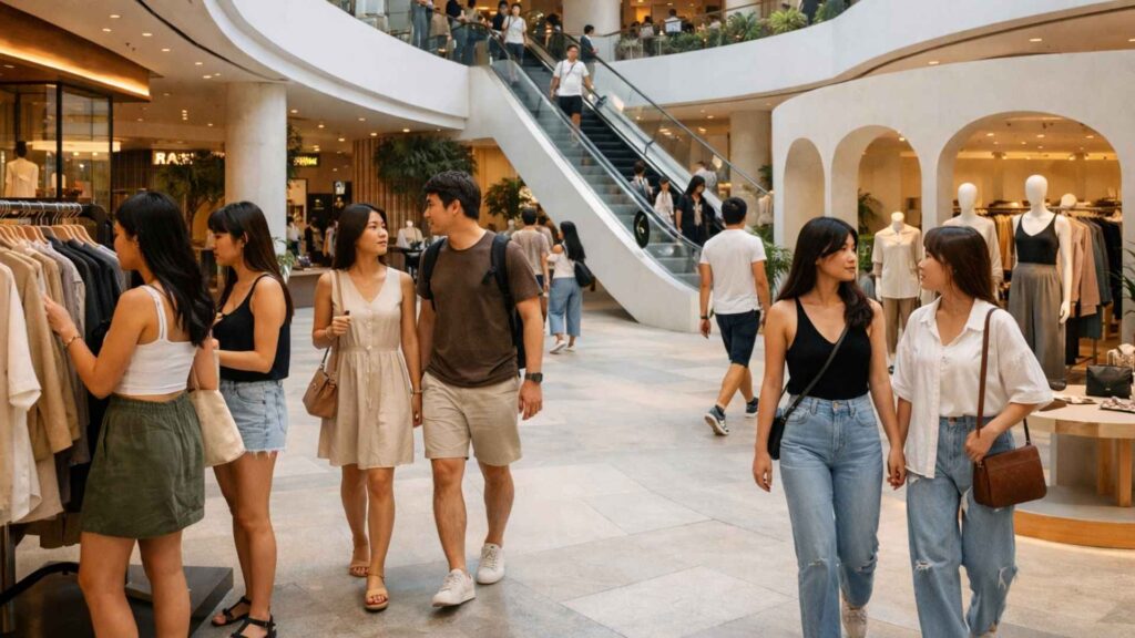 Young people shopping in a modern fashion mall, browsing clothing stores and enjoying a relaxed urban lifestyle atmosphere