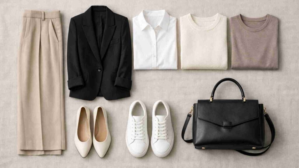 5-day travel capsule wardrobe example featuring beige trousers, black blazer, white shirt, neutral knit, minimalist flats, sneakers and structured handbag arranged in a flat lay.