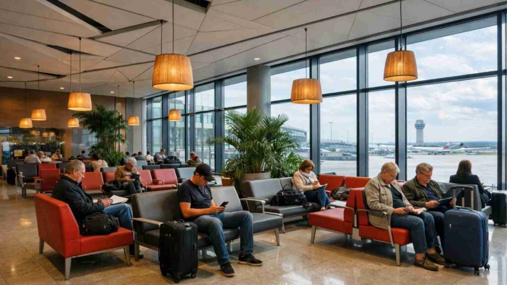 Passengers waiting inside the terminal at Charles de Gaulle Airport in Paris with luggage and runway view in the background