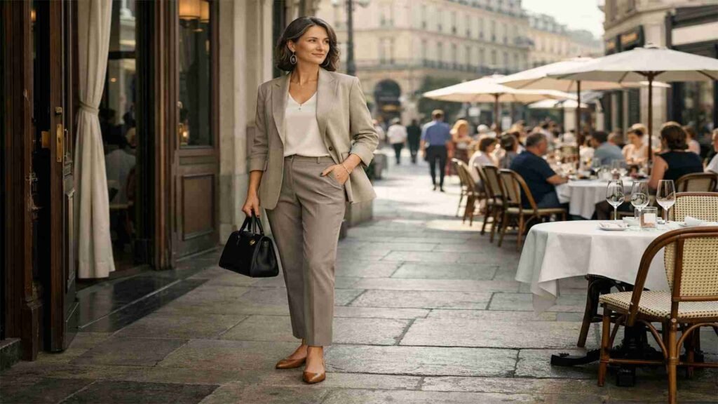 Woman wearing a timeless travel outfit with blazer and trousers while walking past a European café in the afternoon