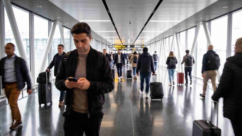 Travelers walking through terminal connection corridor at Charles de Gaulle Airport with carry-on luggage