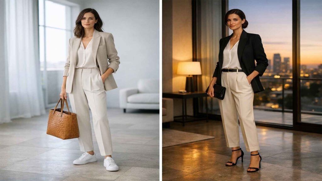 Capsule Wardrobe Mistakes example showing how one minimalist outfit transitions from day to night with simple styling changes