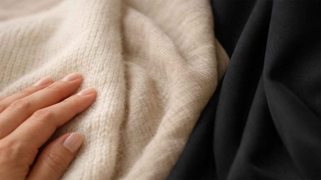 Close-up of merino wool knit, linen fabric and black technical material being compared by hand, illustrating fabric function in a travel capsule wardrobe.